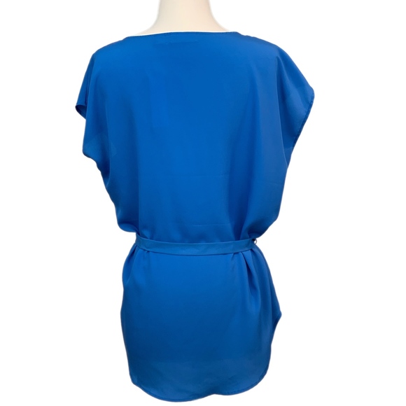 NY & COMPANY Tunic Top Blouse Belted Bohemian Flutter Cap Sleeves Blue Medium - Picture 4 of 8